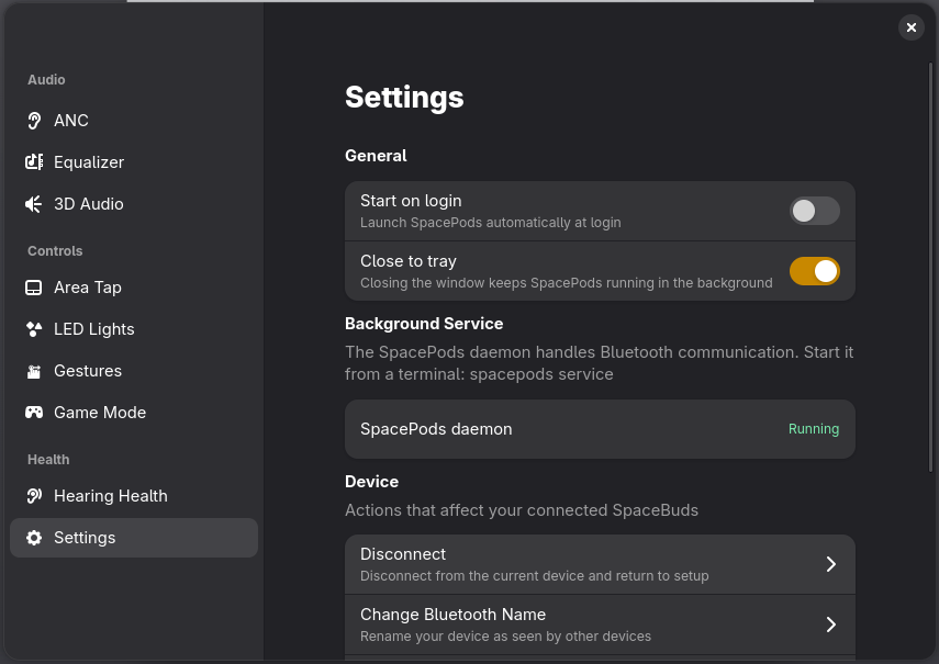 Settings screen